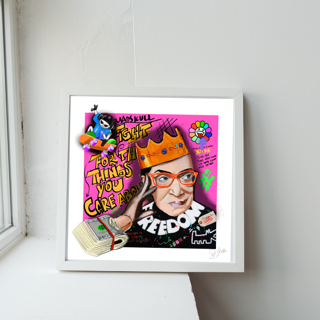 Unframed RBG III FREEDOM Ruth Bader Ginsburg pop art print styled in a square white frame mockup